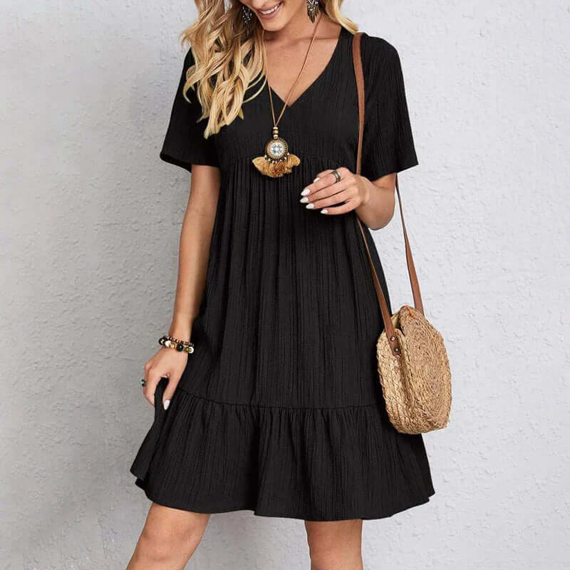 Women's Casual Summer Dress: V-Neck, Knee-Length, Ruffled Hem