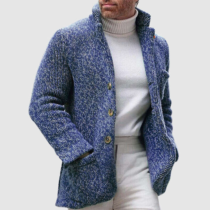 Men's Chunky Knit Cardigan: Stand Collar, Button Front