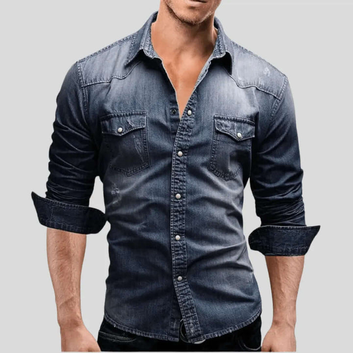 Men's Denim Shirt: Regular Fit, Long Sleeves, Snap Closure