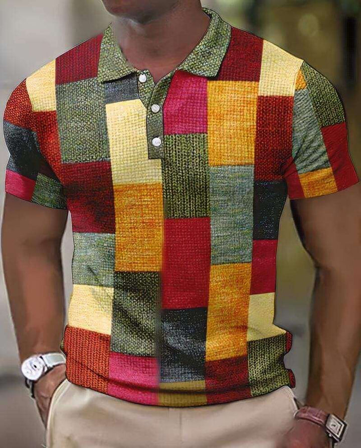 Men's Short Sleeve Polo Shirt with Geometric Patchwork