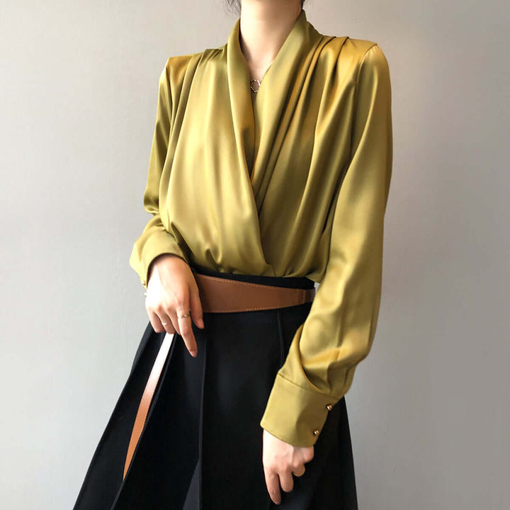 Women's Long-Sleeve Pleated Drape Blouse