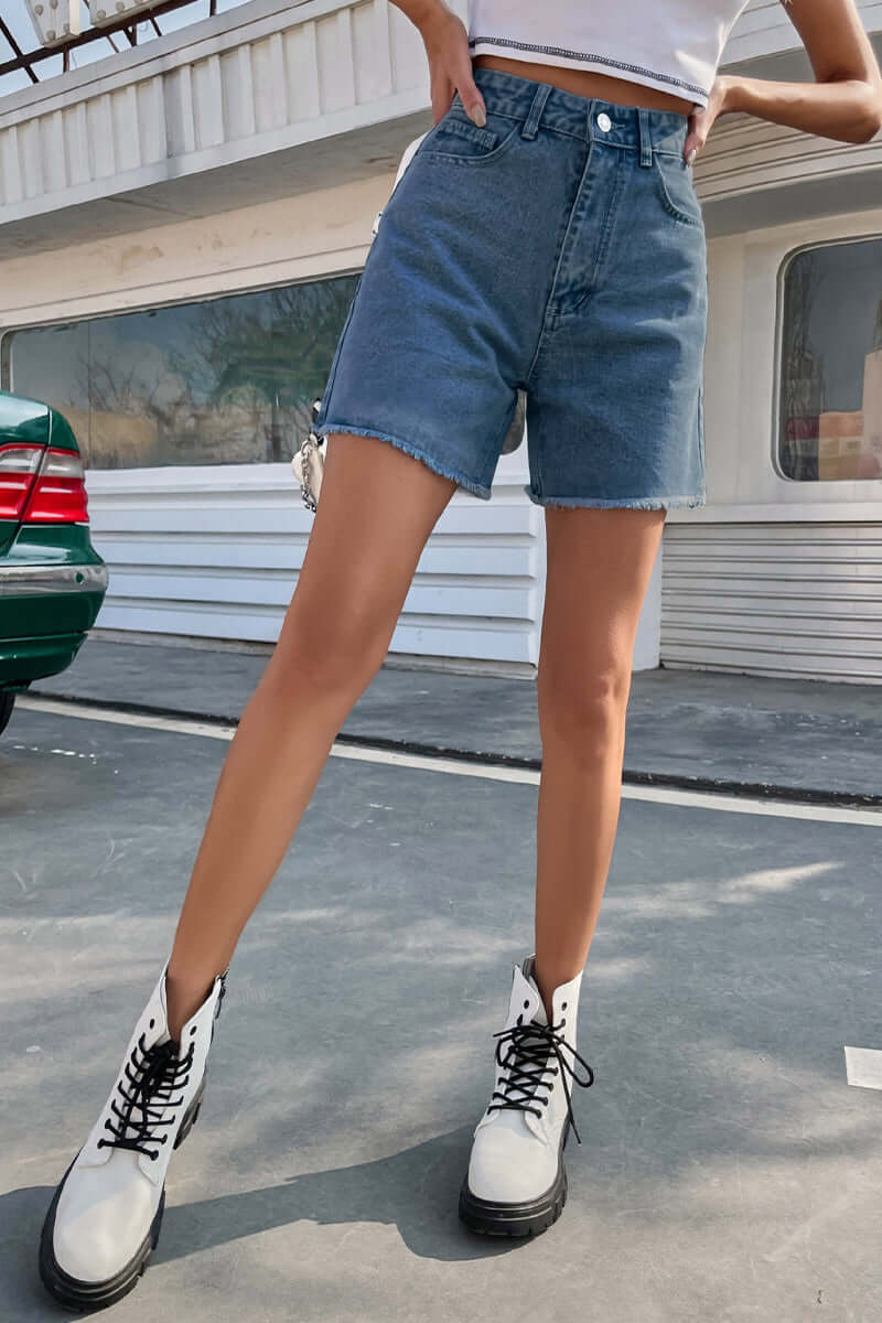 Women's Denim Shorts: Raw Hem, Solid Color
