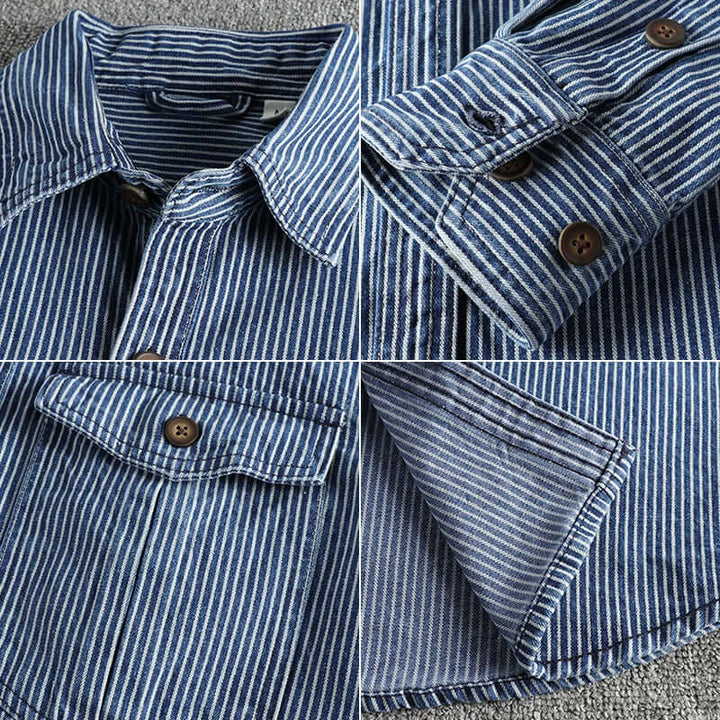 Men's Retro Striped Long-Sleeve Denim Shirt