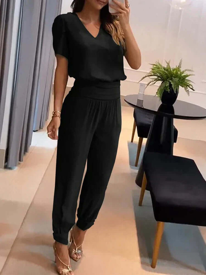 Women's Relaxed Fit Two-Piece Set: V-Neck Top & Elastic Waist Pants