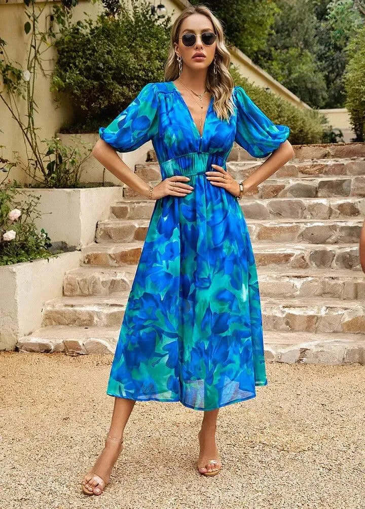 Elegant Midi Dress: V-Neck, Puff Sleeves, Flowing Skirt