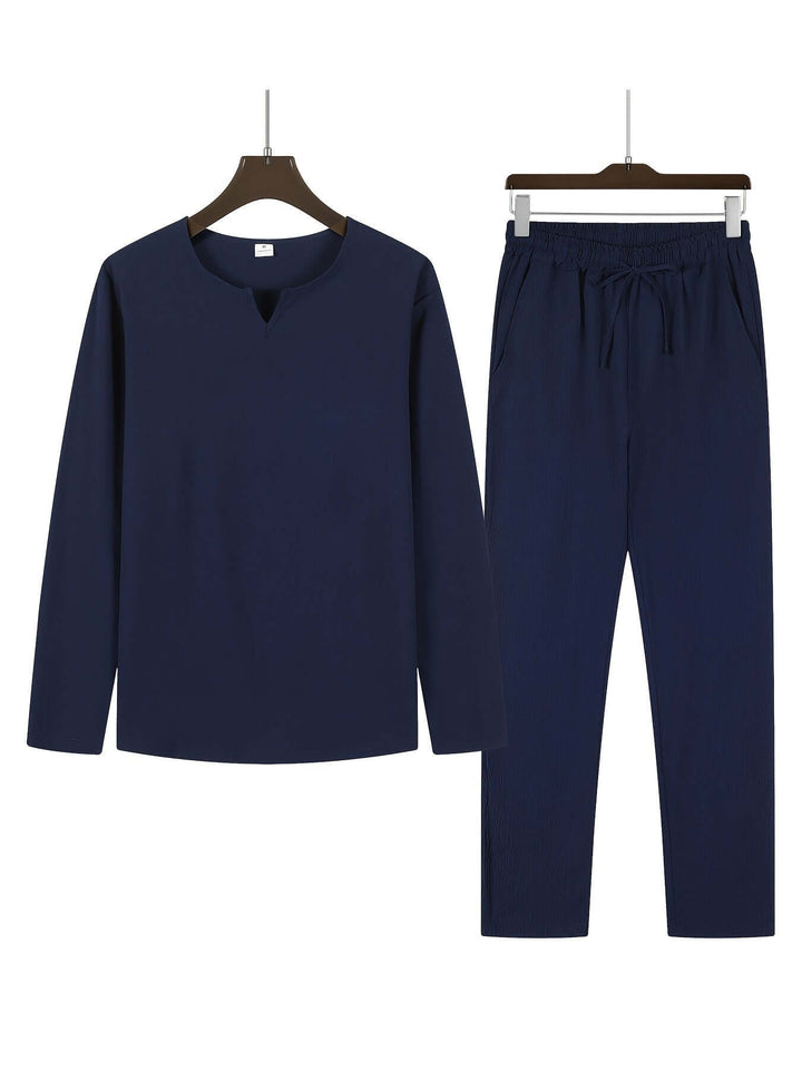 Men's Casual Two-Piece Outfit: V-Neck Top & Relaxed Trousers