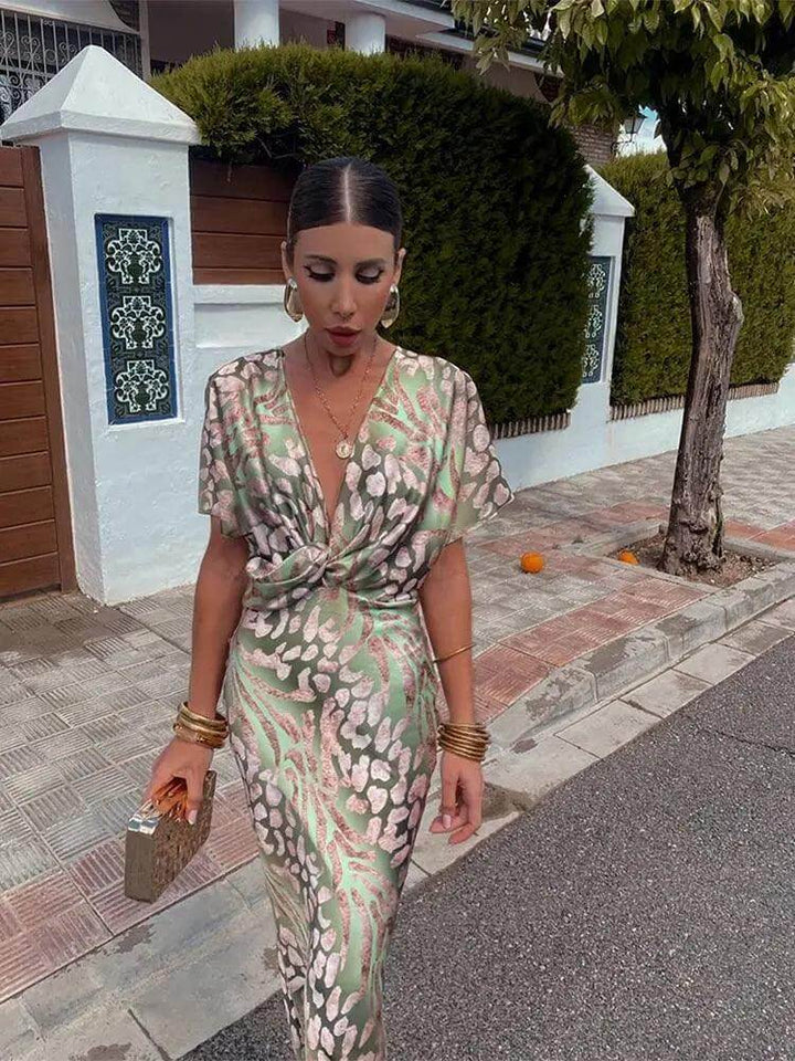Elegant Satin Midi Dress: V-Neck, Floral Print, Pleated
