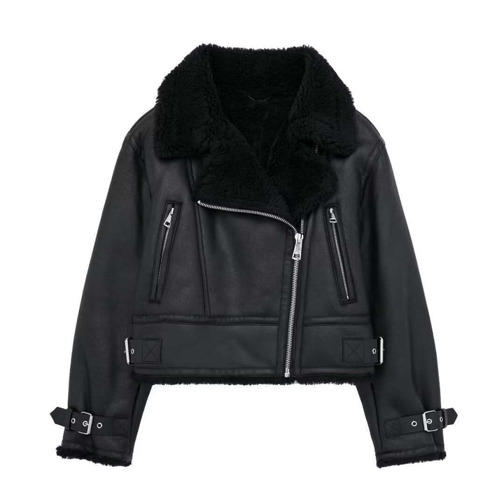 Women's Faux Leather Jacket with Fur Trim