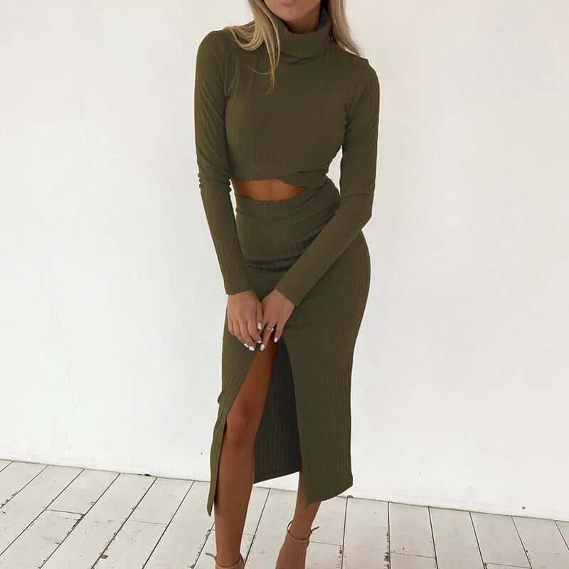 Women's Ribbed Knit Two-Piece Set: Crop Top & Midi Skirt