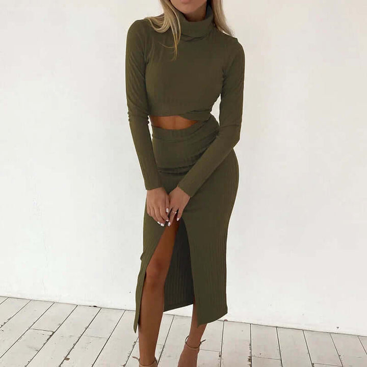 Women's Ribbed Knit Two-Piece Set: Crop Top & Midi Skirt