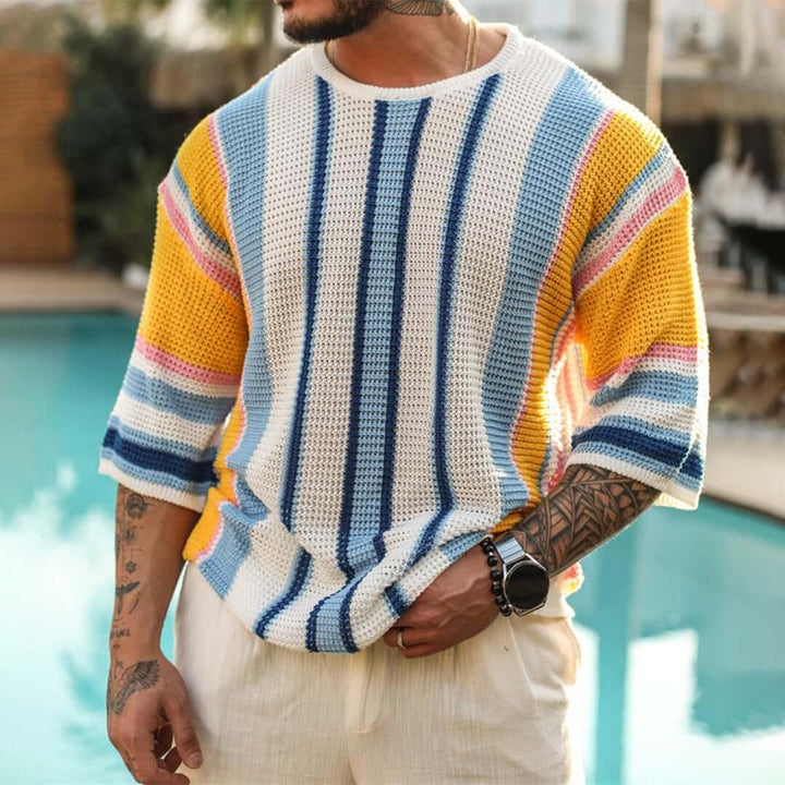 Men's Short Sleeve Striped Knit Sweater