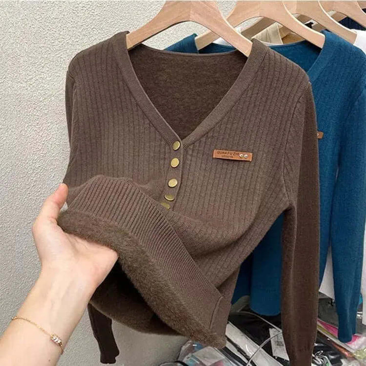 Women's V-Neck Warm Knit Sweater with Button Detail