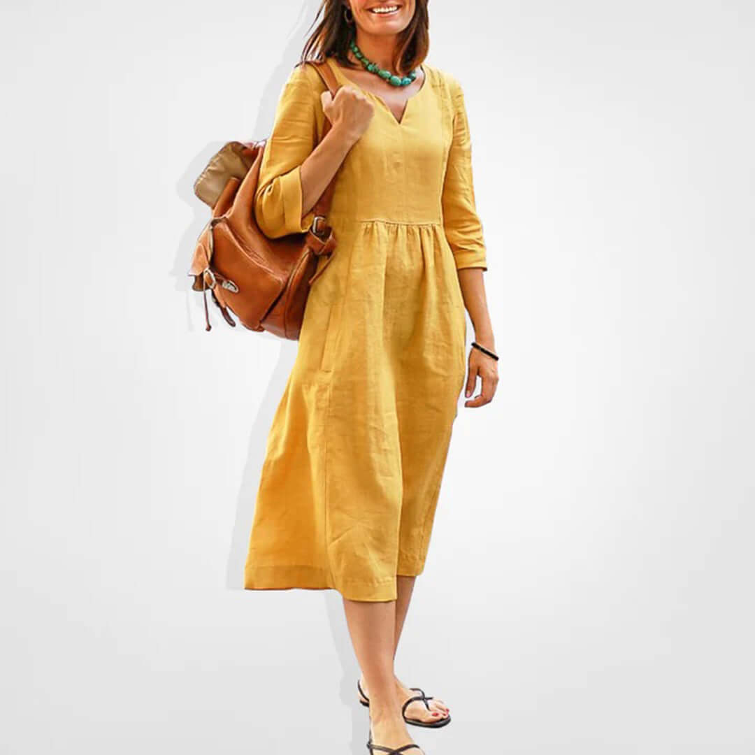 Women's Casual Midi Dress: V-Neck, Empire Waist, 3/4 Sleeves