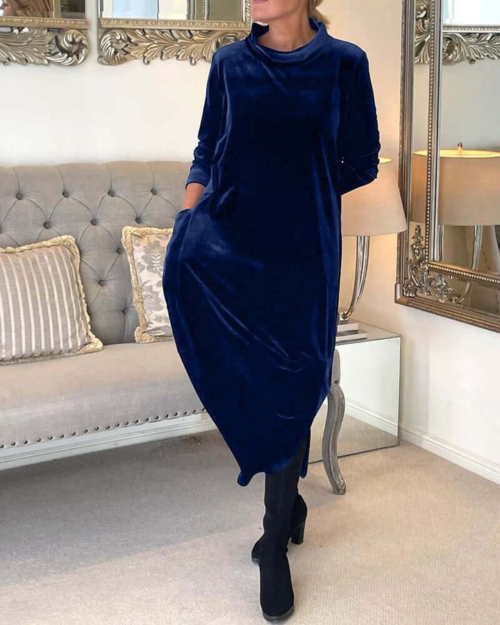 Women's Velvet Drape Dress: Long Sleeve, High Neck