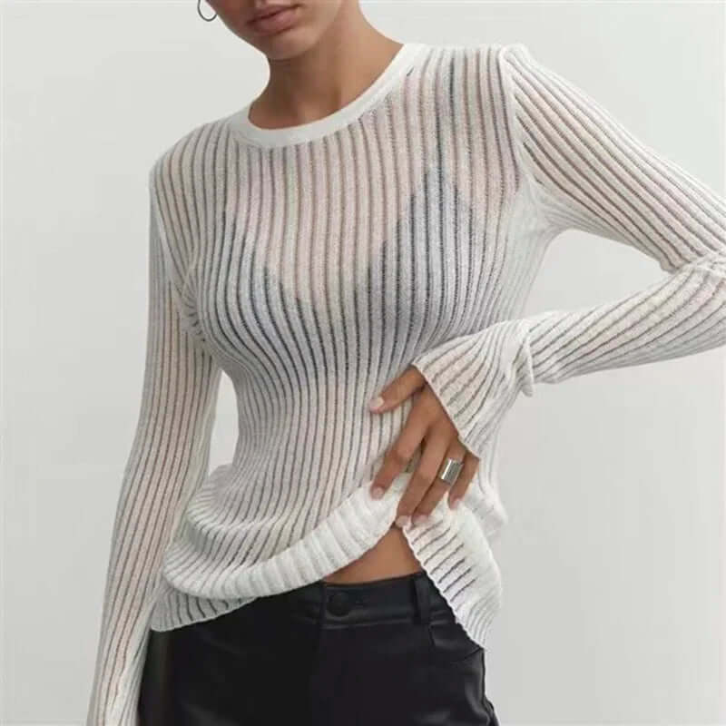Women's Mesh Long Sleeve Ribbed Top