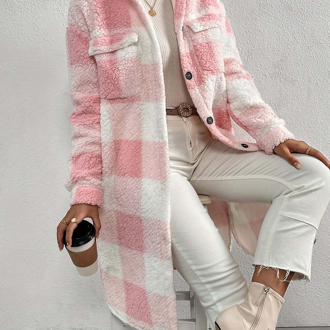Women's Long Sleeve Checked Coat: Stylish & Warm Outerwear