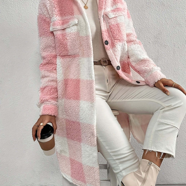 Women's Long Sleeve Checked Coat: Stylish & Warm Outerwear