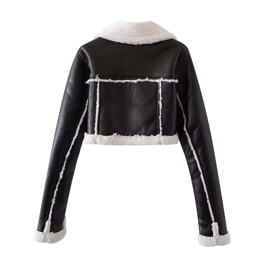 Women's Cropped Shearling Jacket: Oversized Collar & Zip