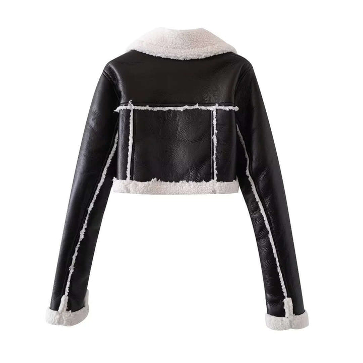Women's Cropped Shearling Jacket: Oversized Collar & Zip
