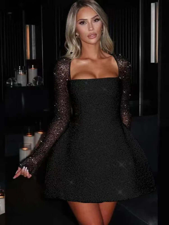 Sequin Mini Dress: Square Neck, Long Sleeve Party Dress
