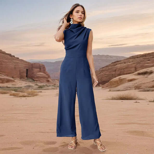 Women's Casual Sleeveless High Collar Top & Wide Leg Pants Set