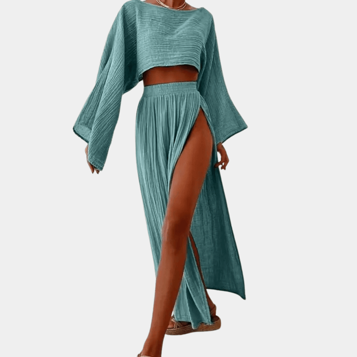 Women's Summer Two-Piece Outfit: Flowy Crop Top & Maxi Skirt