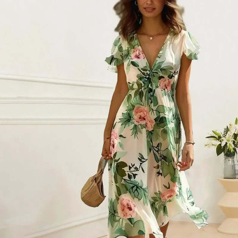 Women's Midi Wrap Dress: V-Neck, Flutter Sleeves, A-Line