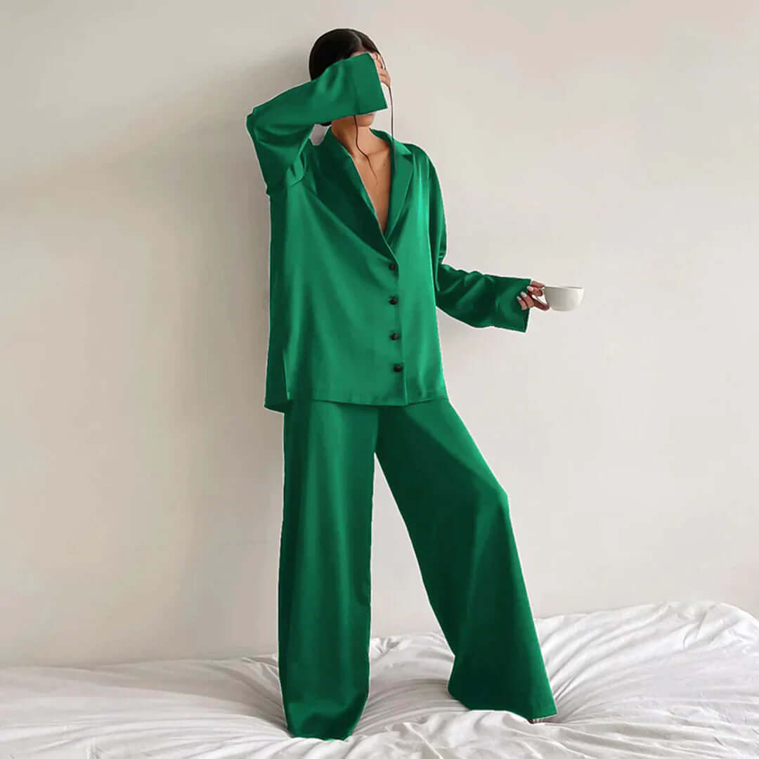 Women's Relaxed Fit Lounge Set: Soft Shirt & Wide Leg Pants