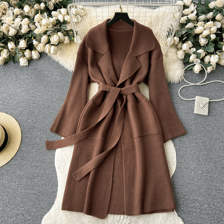 Women's Long Knit Cardigan: Open Front, Shawl Collar, Belted