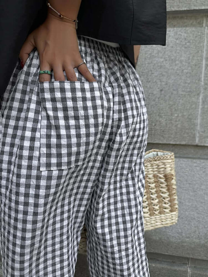 Women's Wide-Leg Gingham Trousers: Relaxed Fit, Breathable Cotton