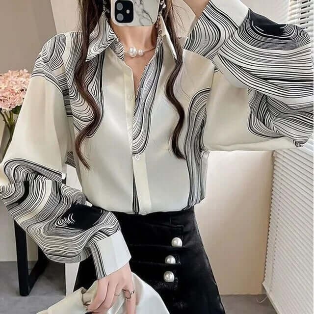 Striped Chiffon Blouse with Lantern Sleeves