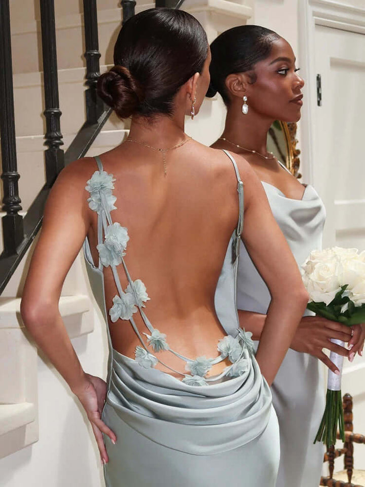 Elegant Satin Evening Gown: Backless Prom Dress with Floral Appliqué