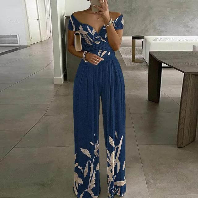 Women's Floral Wide Leg Jumpsuit: Off-Shoulder Wrap
