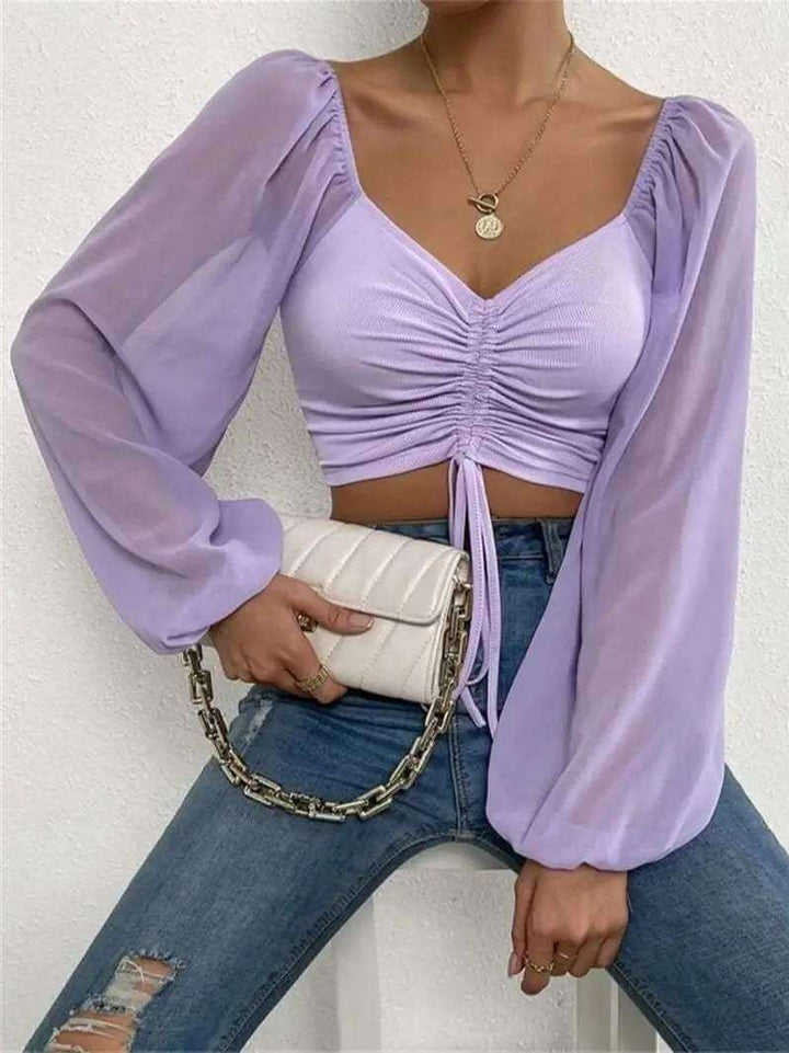 Women's Long Sleeve Cropped Top: Sweetheart Neckline & Ruched Detail
