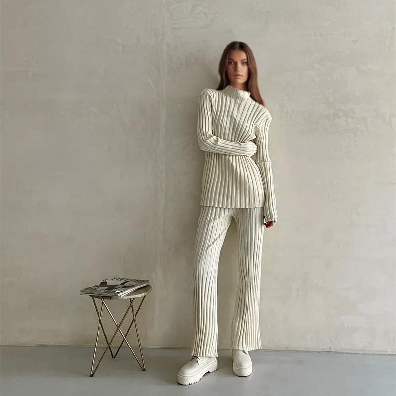 Women's Ribbed Knit Turtleneck Top & Trousers Set