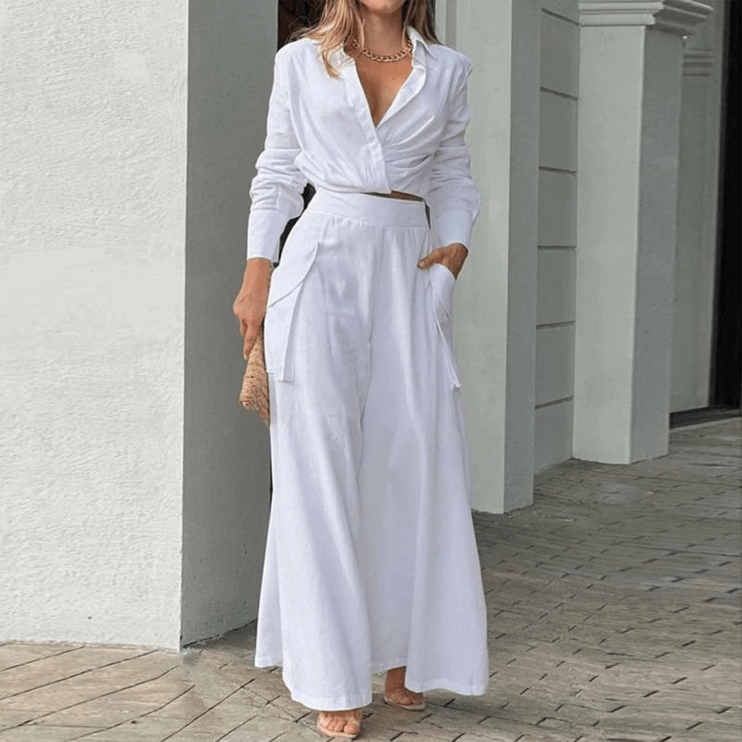 Women's Two-Piece Set: Long Sleeve Crop Top & Wide Leg Pants