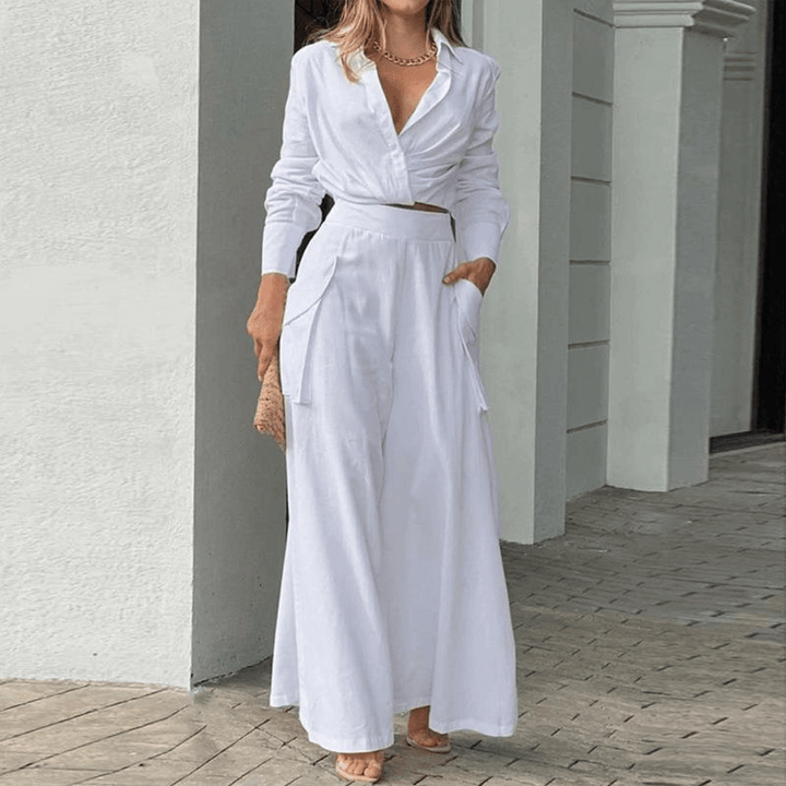 Women's Two-Piece Set: Long Sleeve Crop Top & Wide Leg Pants