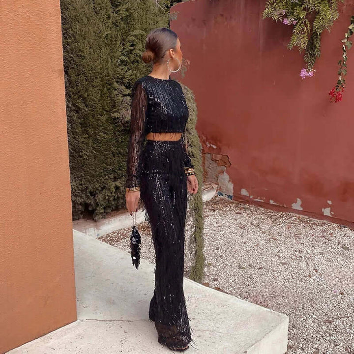 Sequin Crop Top & High-Waisted Pants Set