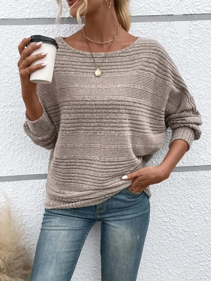 Women's Relaxed Knit Sweater: Ribbed, Scoop Neck, Long Sleeves