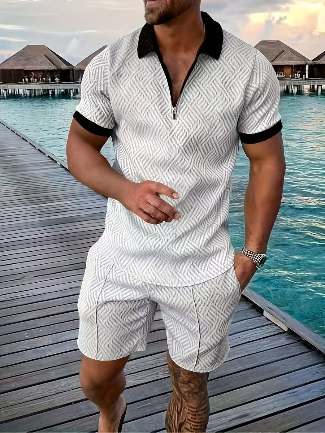 Men's Geometric Print Summer Short Set