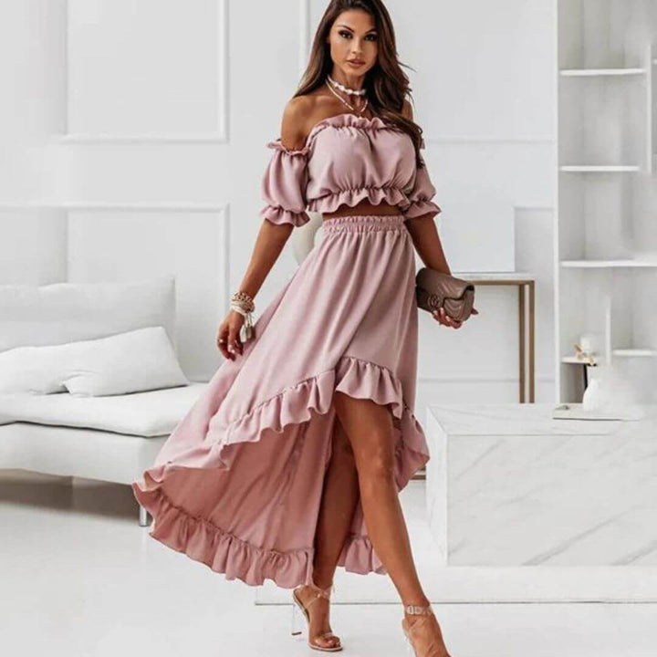 Women's Off-Shoulder Frill Trim Crop Top & Ruffle High-Low Skirt