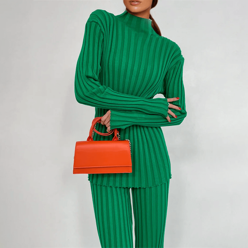 Women's Ribbed Knit Turtleneck Top & Trousers Set