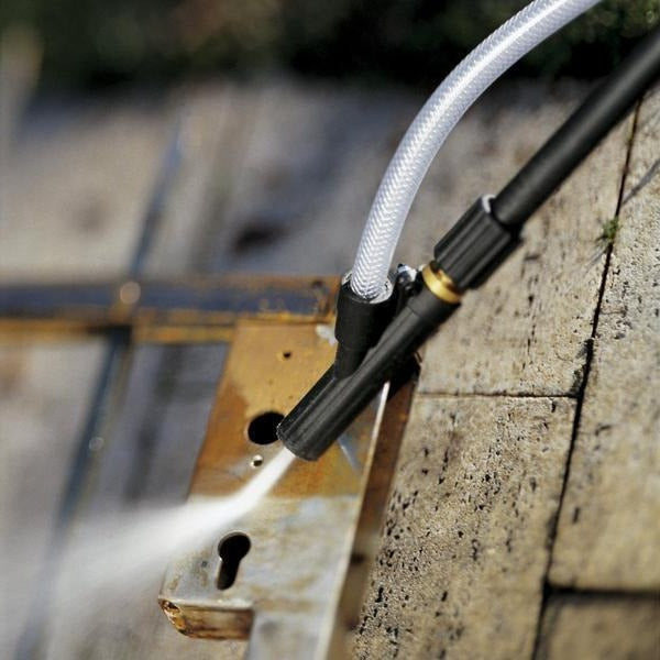 DIY high pressure sandblasting kit removing rust and paint with water stream; includes wands, hose, nozzle, goggles.