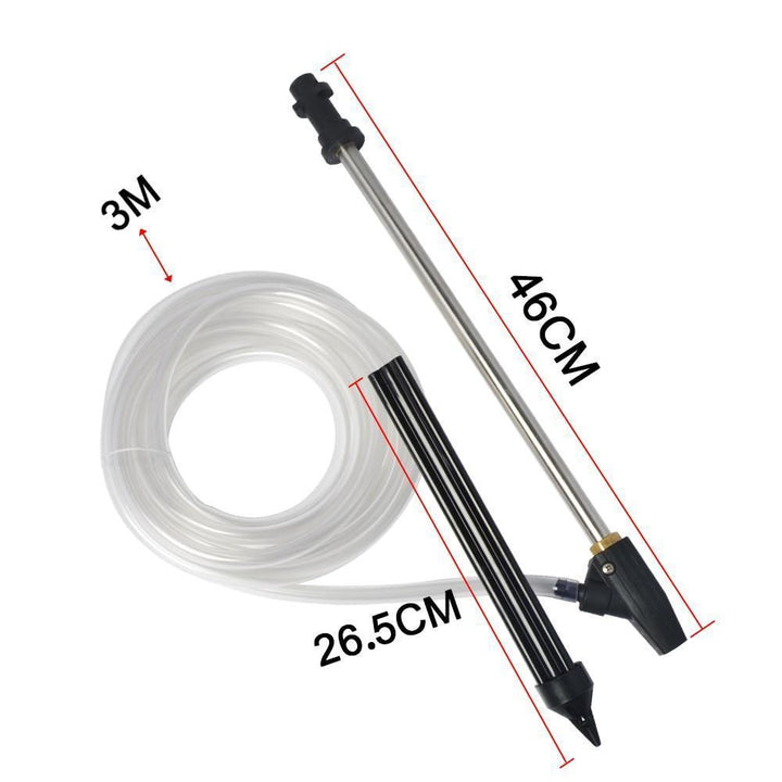 DIY high pressure sandblasting kit removing rust and paint with water stream; includes wands, hose, nozzle, goggles.