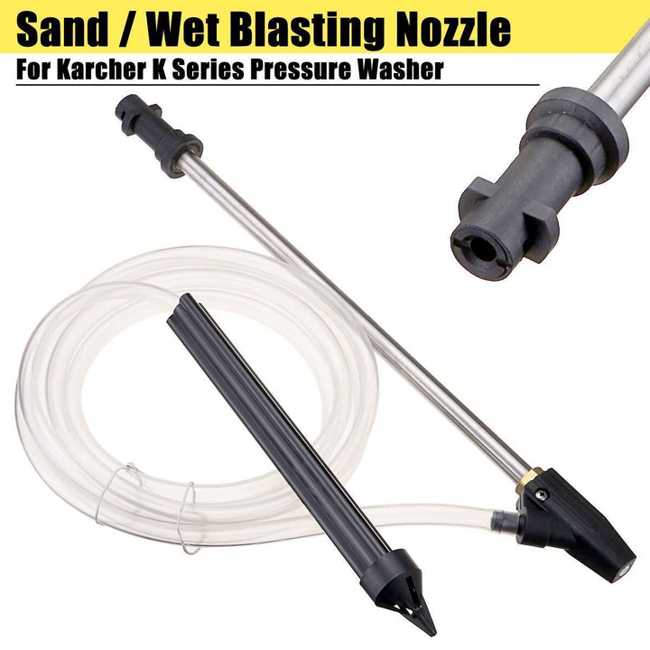 DIY high pressure sandblasting kit removing rust and paint with water stream; includes wands, hose, nozzle, goggles.