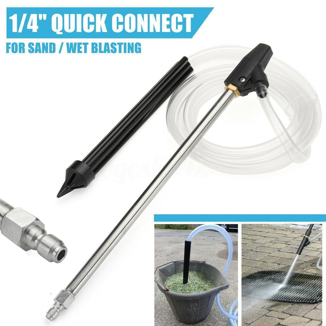 DIY high pressure sandblasting kit removing rust and paint with water stream; includes wands, hose, nozzle, goggles.