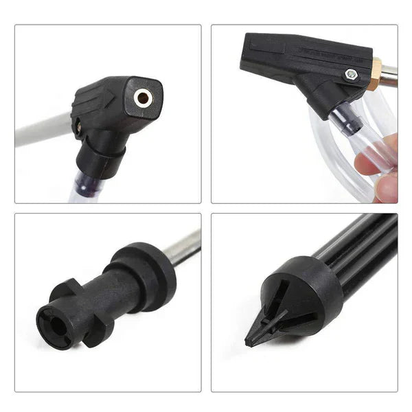 DIY high pressure sandblasting kit removing rust and paint with water stream; includes wands, hose, nozzle, goggles.
