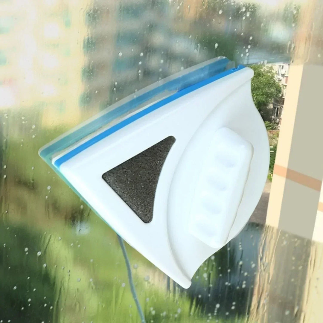 Dual-sided magnetic window cleaner for 3-8mm glass, featuring a yellow handle and secure blue magnets for streak-free cleanin