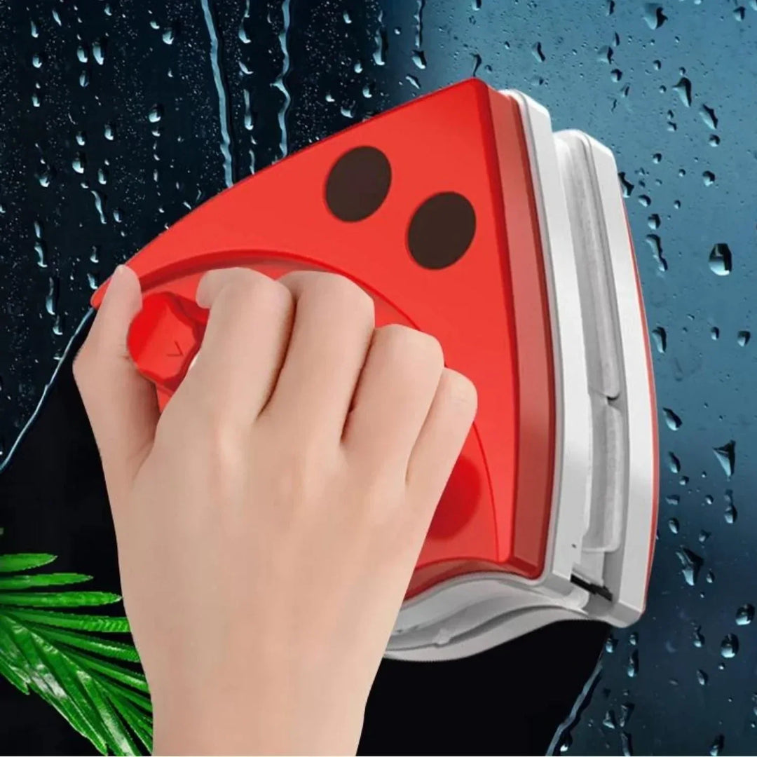 Dual-sided magnetic window cleaner for 3-8mm glass, featuring a yellow handle and secure blue magnets for streak-free cleanin