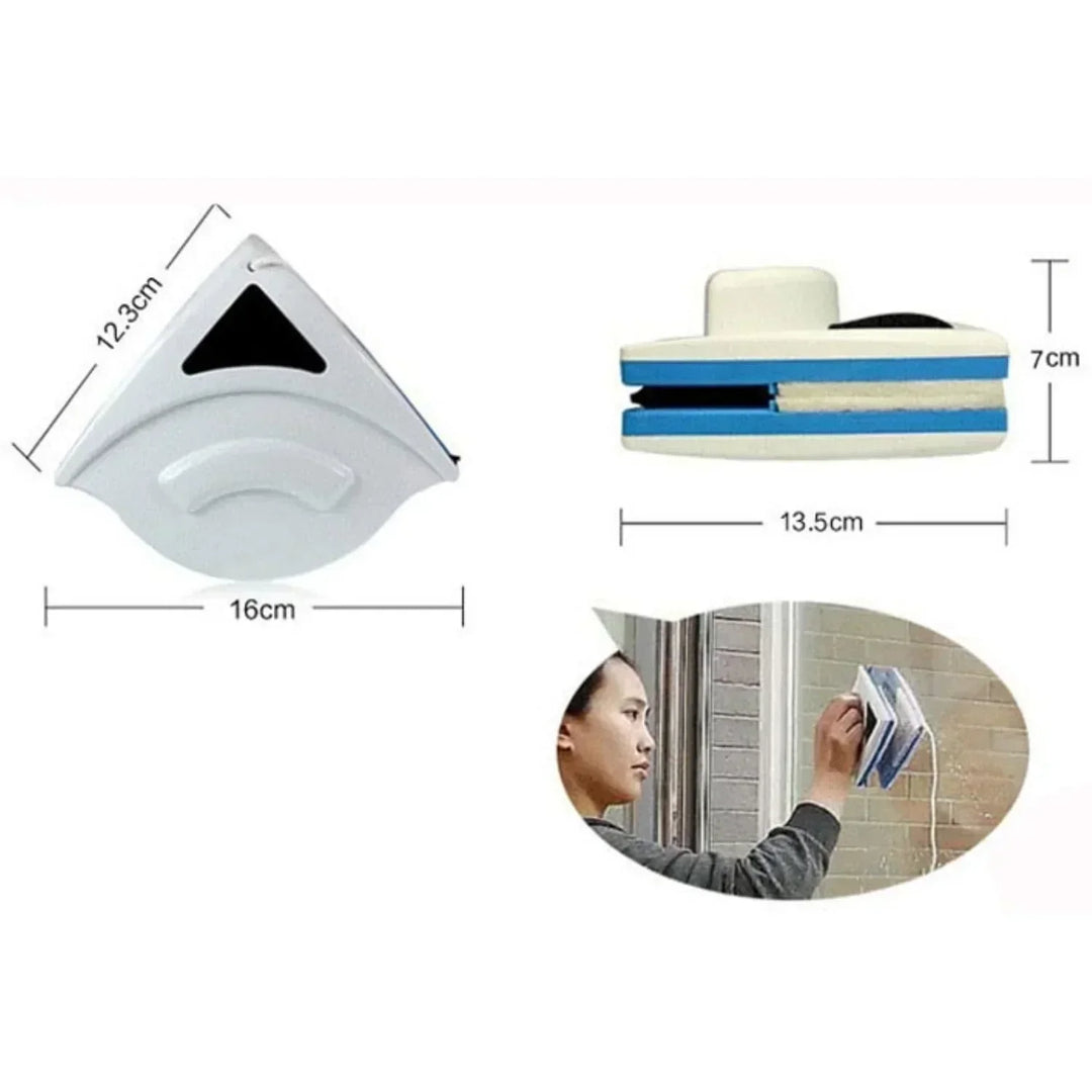 Dual-sided magnetic window cleaner for 3-8mm glass, featuring a yellow handle and secure blue magnets for streak-free cleanin